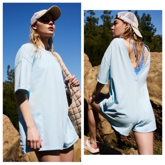 Free People Hot Shot Women's Tee Romper Relaxed Fit Short Sleeve Light Blue Sz S